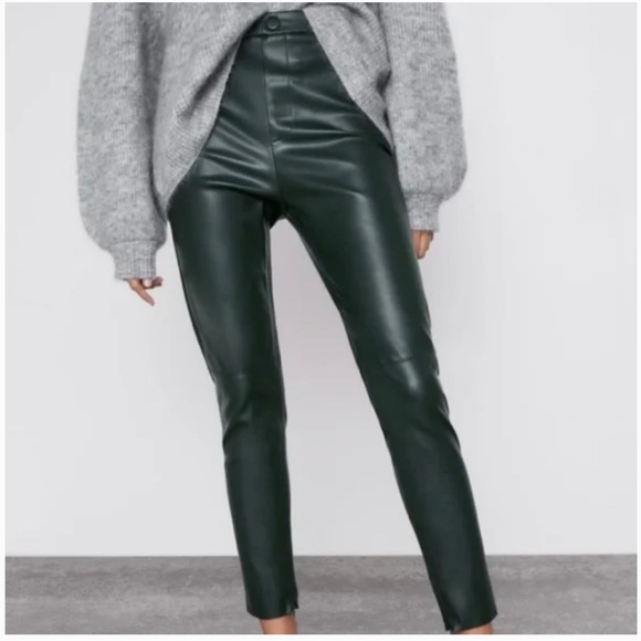 ZARA Faux Leather Hi-Rise Skinny Leggings Pants in Dark Green - Picture 1 of 5